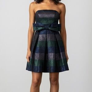 Eva Franco striped strapless metallic bow pleated mini cocktail dress